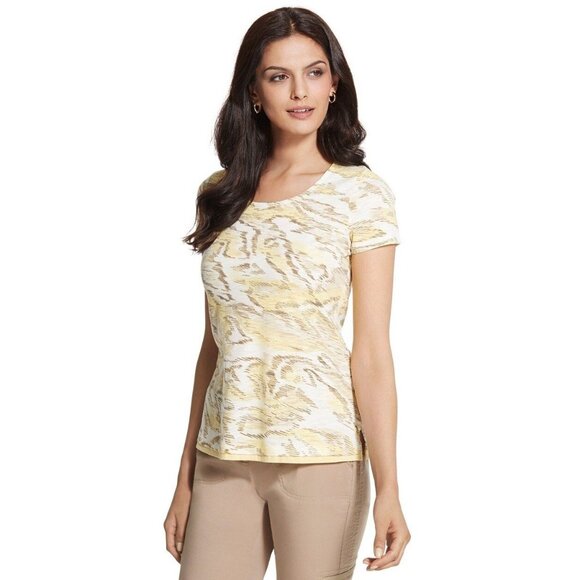 Chicos Zenergy Short Sleeve Scoop Neck Robyn Print Top Yellow Size 0 (US Size S) - Picture 6 of 7